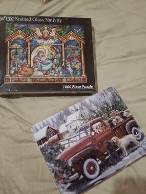2 Puzzles, Stained Glass Nativity And Rural Holiday Scene